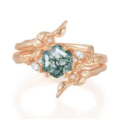 Botanical Hexagon Moss Agate Engagement Ring Suite