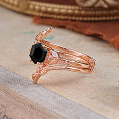 Botanical 4 Prong Hexagon Black Onyx Engagement Ring Suite