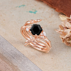 Botanical 4 Prong Hexagon Black Onyx Engagement Ring Suite
