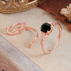 Botanical 4 Prong Hexagon Black Onyx Engagement Ring Suite