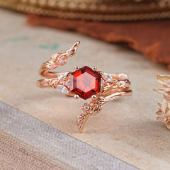 Botanical 4 Prong Hexagon Garnet Engagement Ring Suite