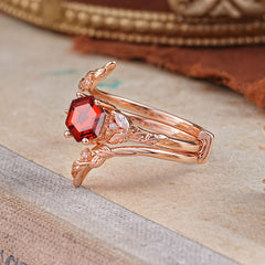 Botanical 4 Prong Hexagon Garnet Engagement Ring Suite