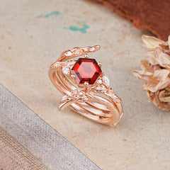 Botanical 4 Prong Hexagon Garnet Engagement Ring Suite