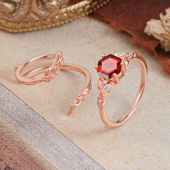Botanical 4 Prong Hexagon Garnet Engagement Ring Suite