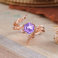 Botanical 4 Prong Hexagon Amethyst Engagement Ring Suite