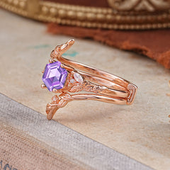 Botanical 4 Prong Hexagon Amethyst Engagement Ring Suite