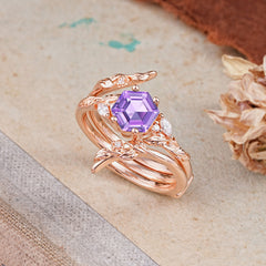 Botanical 4 Prong Hexagon Amethyst Engagement Ring Suite
