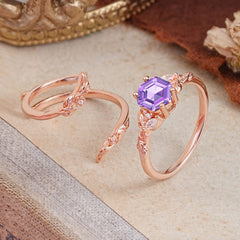 Botanical 4 Prong Hexagon Amethyst Engagement Ring Suite