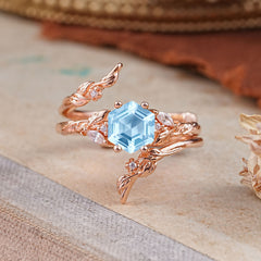 Botanical 4 Prong Hexagon Aquamarine Engagement Ring Suite