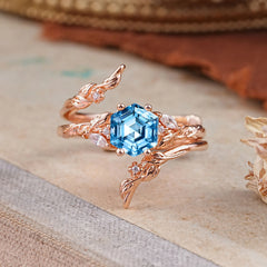 Botanical 4 Prong Hexagon Aquamarine Engagement Ring Suite