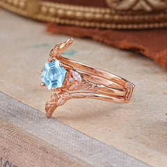 Botanical 4 Prong Hexagon Aquamarine Engagement Ring Suite