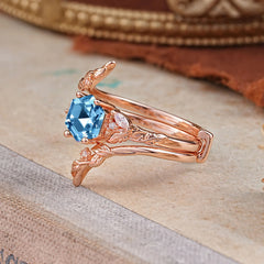 Botanical 4 Prong Hexagon Aquamarine Engagement Ring Suite