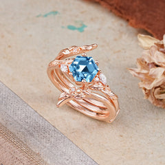 Botanical 4 Prong Hexagon Aquamarine Engagement Ring Suite