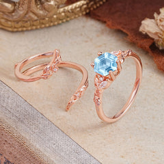 Botanical 4 Prong Hexagon Aquamarine Engagement Ring Suite