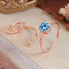 Botanical 4 Prong Hexagon Aquamarine Engagement Ring Suite