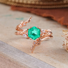 Botanical Hexagon Emerald Engagement Ring Suite