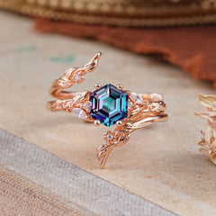 Botanical 4 Prong Hexagon Alexandrite Engagement Ring Suite