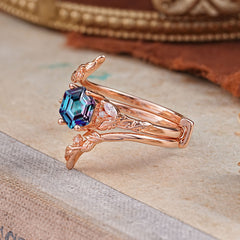 Botanical 4 Prong Hexagon Alexandrite Engagement Ring Suite
