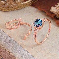 Botanical 4 Prong Hexagon Alexandrite Engagement Ring Suite