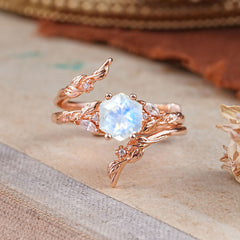 Botanical 4 Prong Hexagon Moonstone Engagement Ring Suite