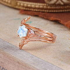 Botanical 4 Prong Hexagon Moonstone Engagement Ring Suite