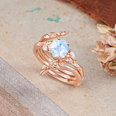 Botanical 4 Prong Hexagon Moonstone Engagement Ring Suite