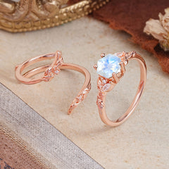 Botanical 4 Prong Hexagon Moonstone Engagement Ring Suite