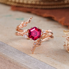 Botanical 4 Prong Hexagon Ruby Engagement Ring Suite