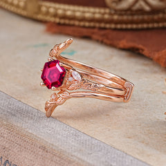 Botanical 4 Prong Hexagon Ruby Engagement Ring Suite