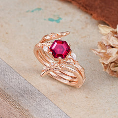 Botanical 4 Prong Hexagon Ruby Engagement Ring Suite