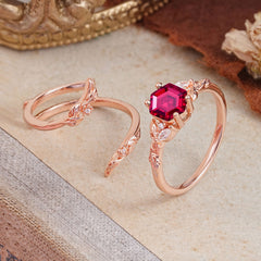 Botanical 4 Prong Hexagon Ruby Engagement Ring Suite