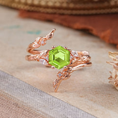 Botanical 4 Prong Hexagon Peridot Engagement Ring Suite