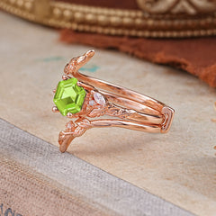 Botanical 4 Prong Hexagon Peridot Engagement Ring Suite
