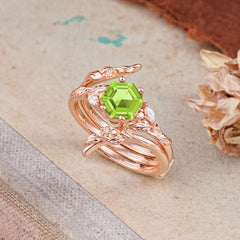 Botanical 4 Prong Hexagon Peridot Engagement Ring Suite