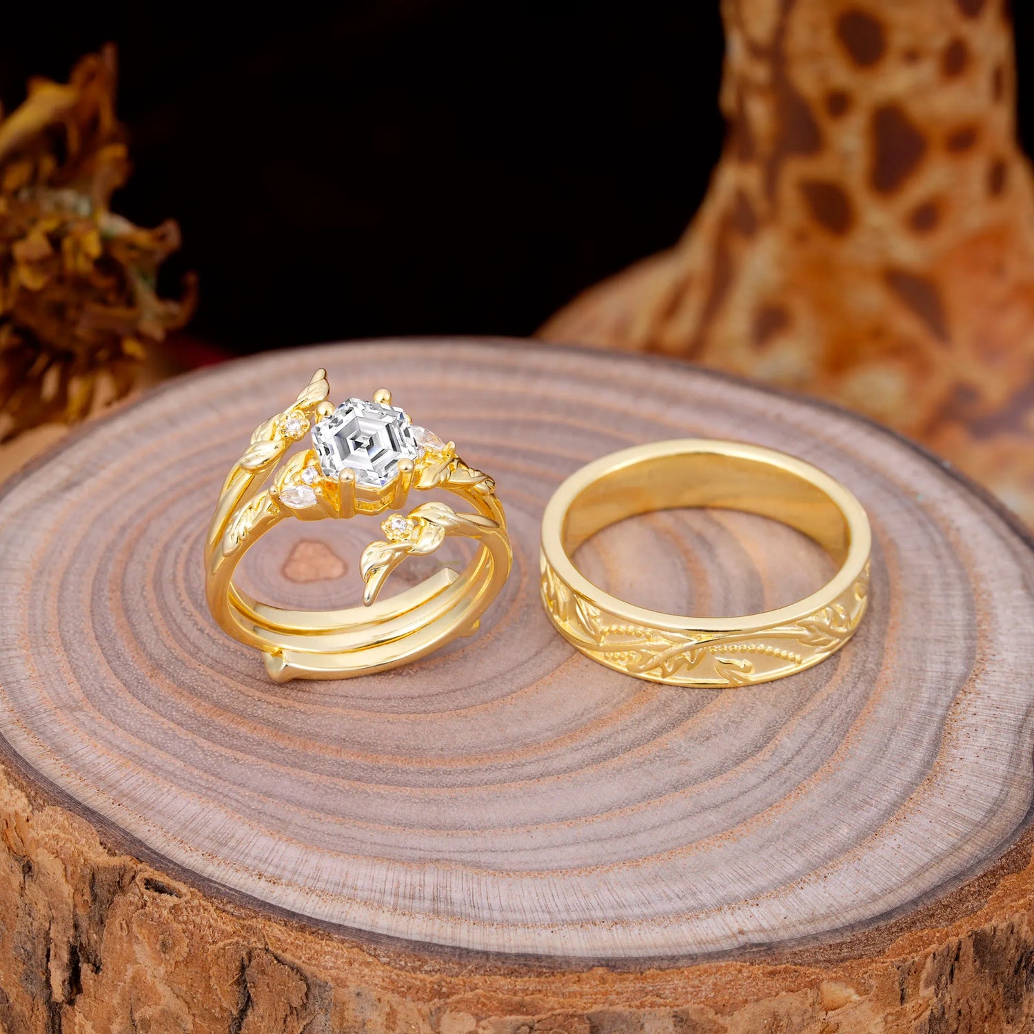 Nature Inspiration Luxury Retro 4-Prong Lab Diamond Promise Couples Rings