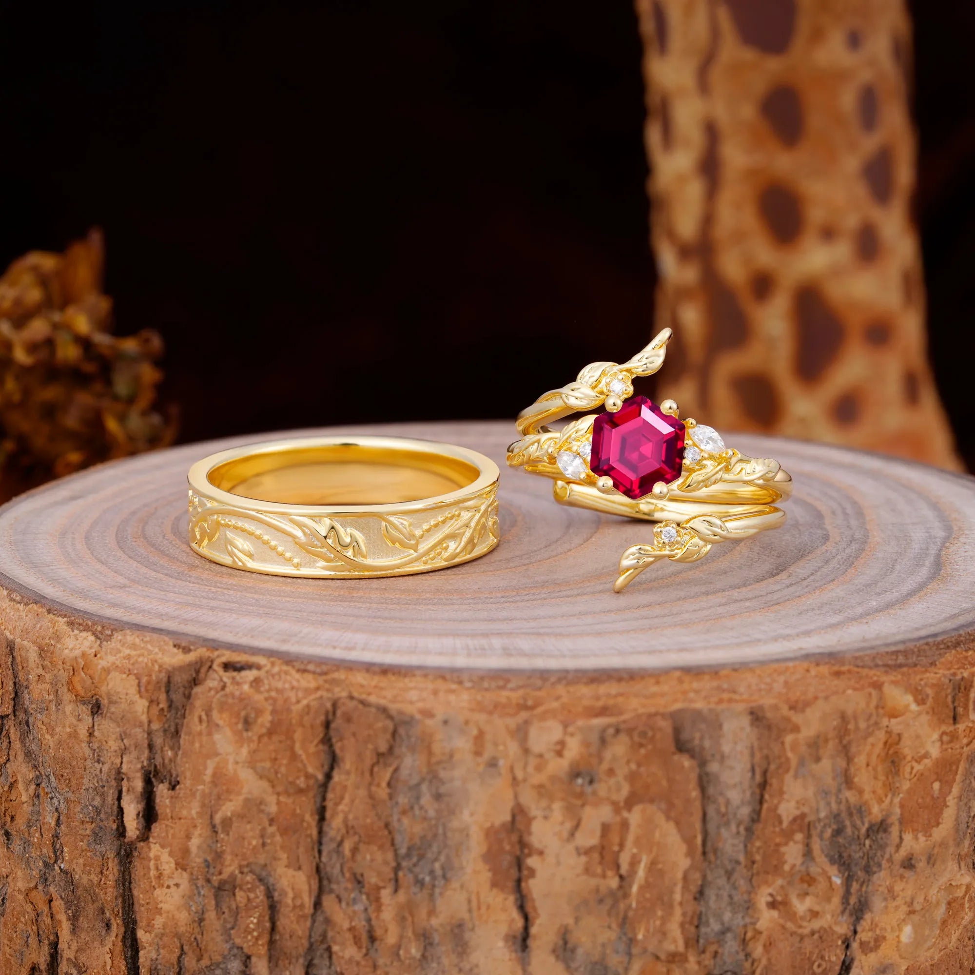 Nature Inspiration Luxury Retro 4-Prong Ruby Promise Couples Rings ...