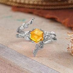 Botanical 4 Prong Hexagon Citrine Engagement Ring Suite