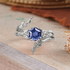 Botanical 4 Prong Hexagon Tanzanite Engagement Ring Suite