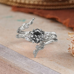 Botanical 4 Prong Hexagon Black Rutilated Quartz Engagement Ring Suite