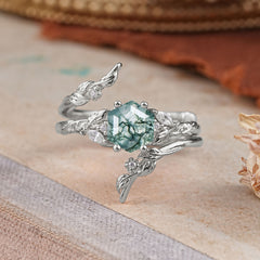 Botanical Hexagon Moss Agate Engagement Ring Suite