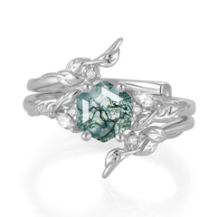 Botanical Hexagon Moss Agate Engagement Ring Suite