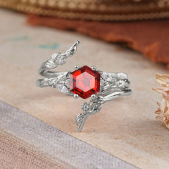 Botanical 4 Prong Hexagon Garnet Engagement Ring Suite