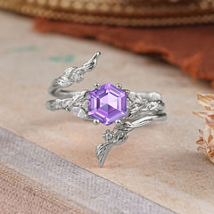 Botanical 4 Prong Hexagon Amethyst Engagement Ring Suite