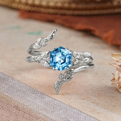 Botanical 4 Prong Hexagon Aquamarine Engagement Ring Suite