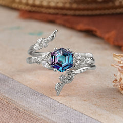 Botanical 4 Prong Hexagon Alexandrite Engagement Ring Suite