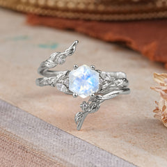 Botanical 4 Prong Hexagon Moonstone Engagement Ring Suite