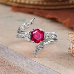 Botanical 4 Prong Hexagon Ruby Engagement Ring Suite