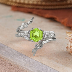 Botanical 4 Prong Hexagon Peridot Engagement Ring Suite