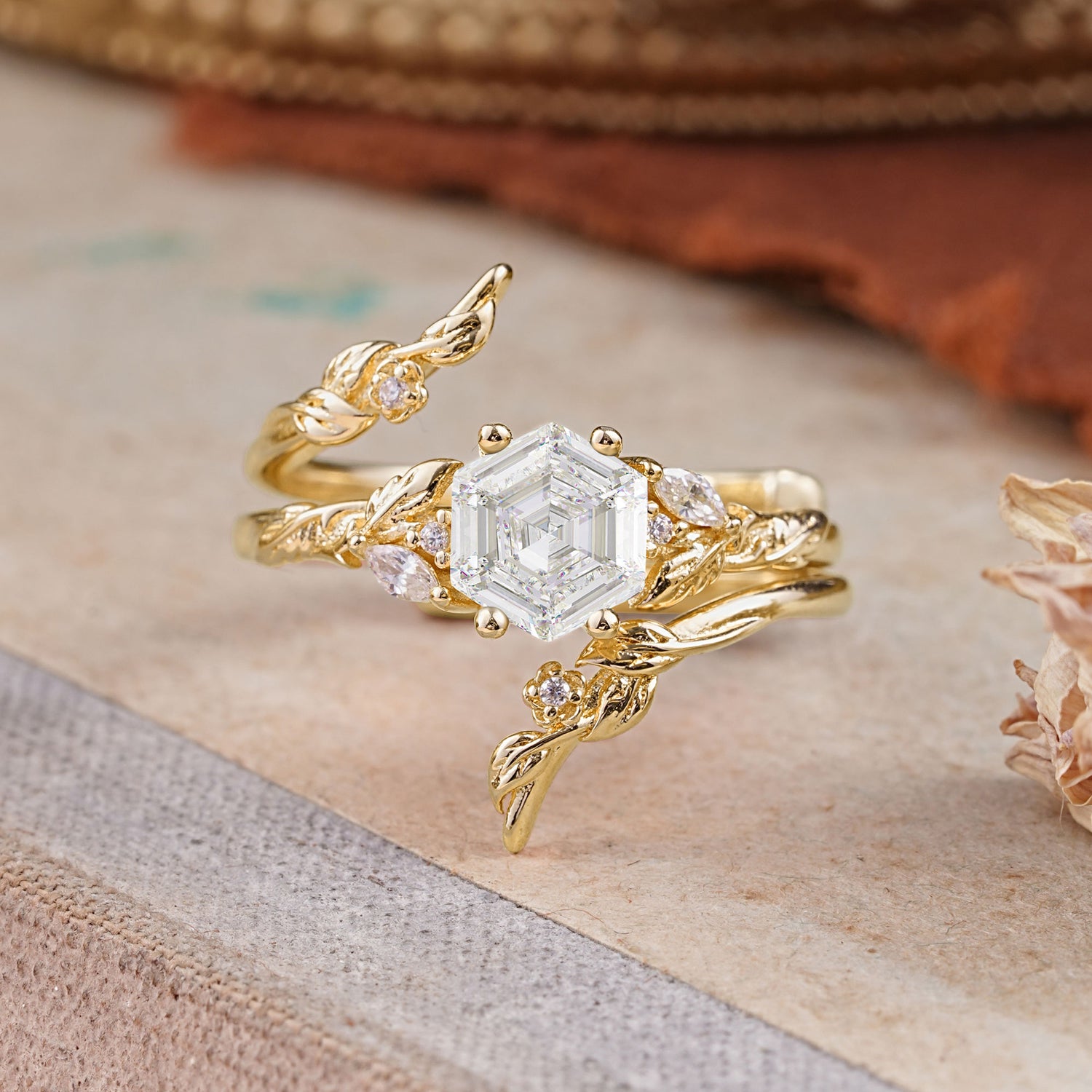 Botanical Hexagon Moissanite Engagement Ring Suite