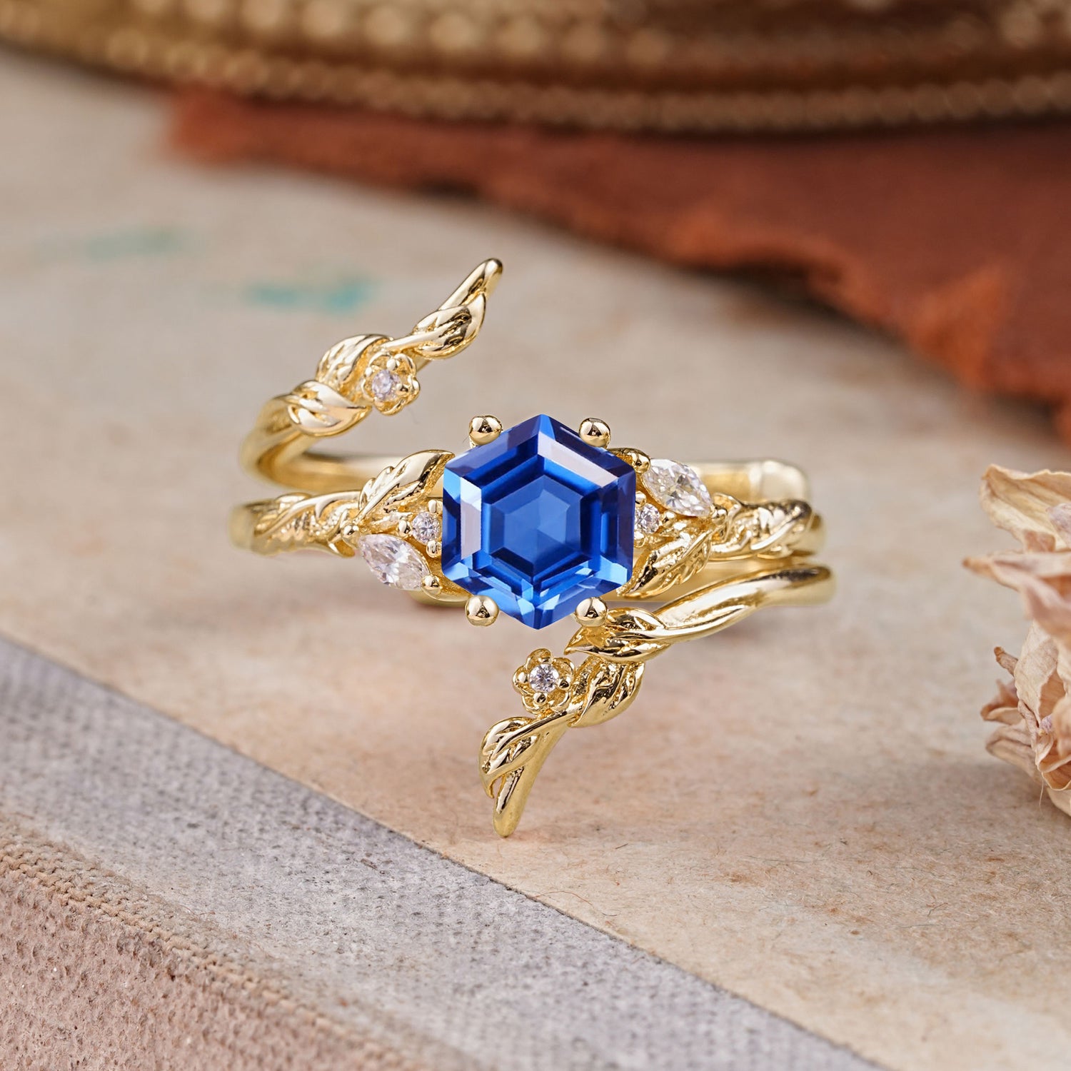Botanical 4 Prong Hexagon Sapphire Bridal Ring Set